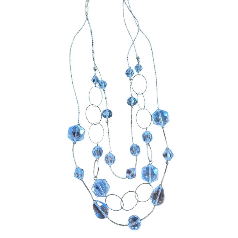 Multistrand Necklace With Clear Glass Beads And Gold Toned Rings And Chains